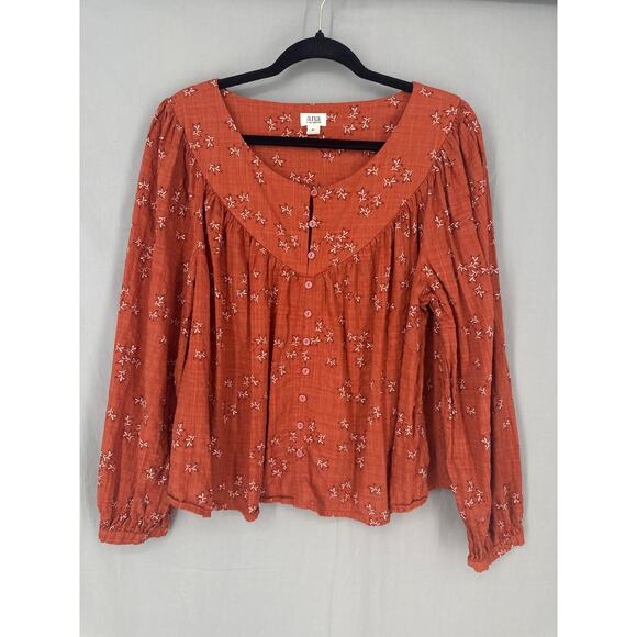 Ana Top Womens XL Orange Rust Floral Flowy Cottage Button Bohemian Long Sleeve - Picture 5 of 7